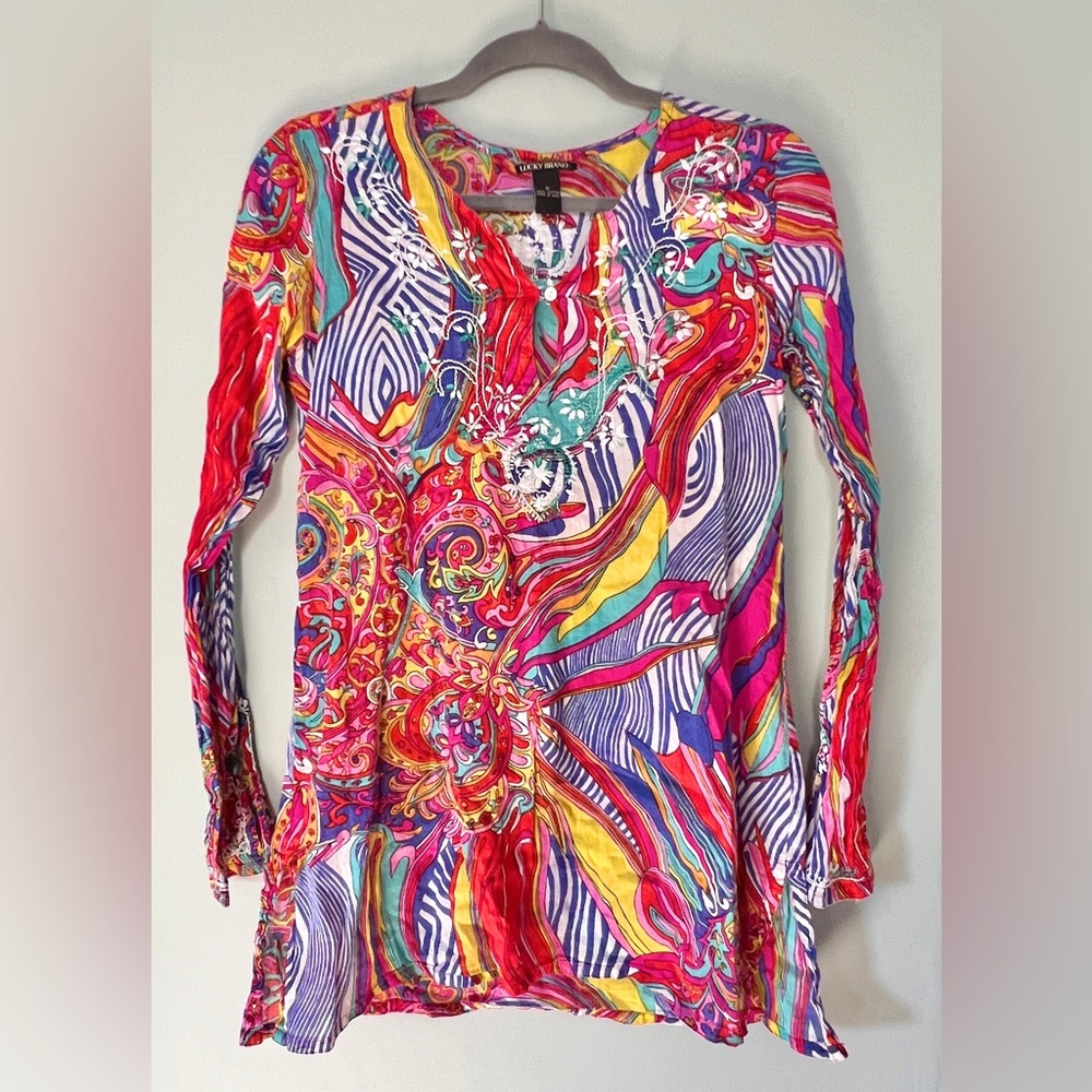 Vintage Y2K Lucky Brand Embroidered Abstract Multicolor Cotton Tunic‎ Top Medium